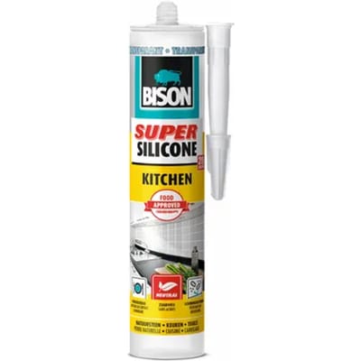 Bison Super Silicone Kitchen transparant koker 300 ml, siliconenkit, keuken, voegen, hygiënisch, slijtvast en temperatuurbestendig van -50°C tot +120°C