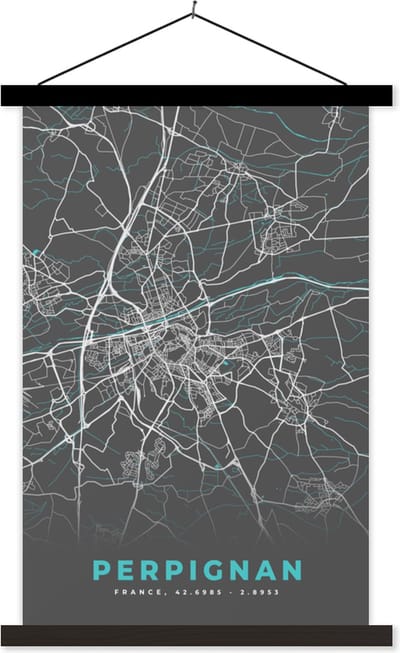 Posterhanger incl. Poster 40x60 cm - Schoolplaat - Kaart - Stadskaart - Plattegrond - Frankrijk - Perpignan - Textielposter - Zwarte latten - Stadskaart