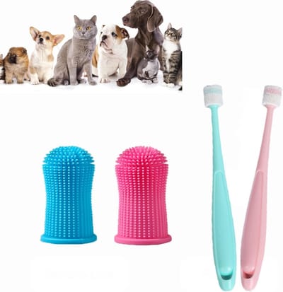 Famanu – 4 stuks hondentandenborstel - 2x 360° hondentandenborstel - 2x vingertandenborstel - voor kleine en middelgrote honden