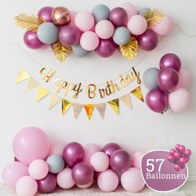 Sellaio Party® Roze Ballonnen – Happy Birthday Slinger – Ballonnen Set van 56 Ballonnen – Verjaardag Versiering Roze, Gouden en Witte ballonnen – Complete Feestversiering incl. Pomp en Vlaggenlijn
