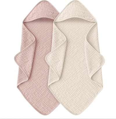 Badcape | Beige&Roze | Set van 2 | Zachte hydrofiel | Katoen | Wikkeldeken | Doek | Capuchon | Baby | Kind | Kraamcadeau