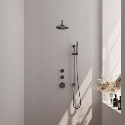 Brauer Gunmetal Edition thermostatische inbouw regendouche SET 15 met 20 cm douchekop en gebogen muurarm en staaf handdouche en doucheslang en geïntegreerde glijstang gunmetal geborsteld PVD