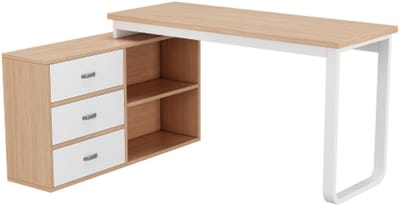 Eenvoudig bureau, kantoortafel, drie laden, twee open opbergvakken, massief stalen buis, breed en dik tafelblad, naturel, wit