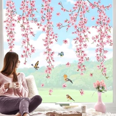 PromoHome Dubbelzijdige Raamstickers Set - 8 Stuks Kersenbloesem Design met Roze Bloementakken en Vogels - Anti-Botsing Raamdecoratie voor Binnen en Buiten - Herbruikbare Glasversiering