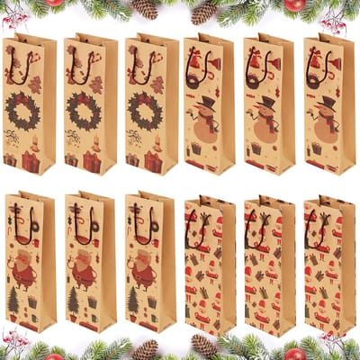 12x Luxe Flessenzakken van Kraftpapier met Handvat - Cadeauzakken voor Wijn, Whisky & Champagne