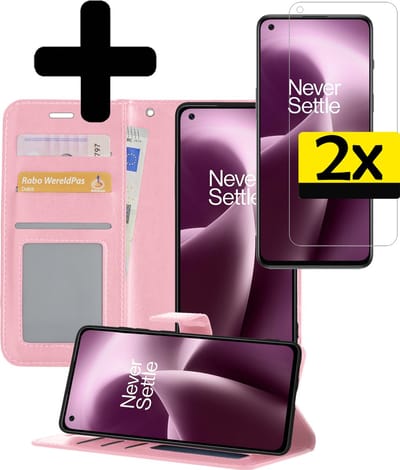 Hoesje - Met 2x Screenprotector - Geschikt voor OnePlus Nord 2T - Luxe Pasjeshouder - Bookcase Portemonee - Flip Case - Kunstleer Book Case - Flipcase Hoes - Book Cover - Walletcase - Portemonneehoes - Telefoonhoesjes - Lichtroze