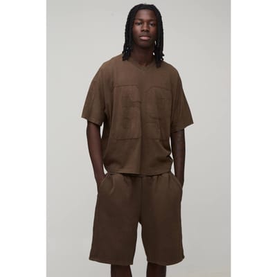 Oversized Boxy Appliqué Gewassen T-shirt En Short Set | Brown | Size Small