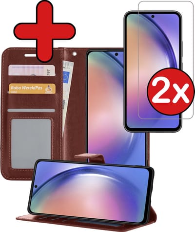Hoesje - Met 2x Screenprotector - Geschikt voor Samsung Galaxy A54 - Luxe Pasjeshouder - Flip Case - Bookcase Portemonee - Kunstleer Book Case - Flipcase Hoes - Book Cover - Walletcase - Portemonneehoes - Telefoonhoes - Bruin