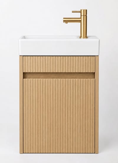 ZIMMER Toiletmeubel Set NOBLE Geribbeld 40x22,5x63 cm Eikgrijs – Incl. Fontein, Gouden Kraan & Sifon – Fonteinmeubel