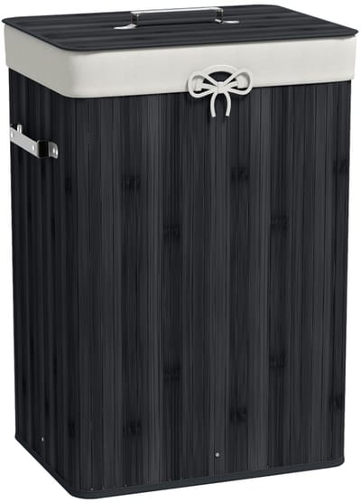 Daity Wasmand, wasbox, wasmand met deksel, canvas tas, bamboe, opvouwbaar, 72 liter, zwart, 40 x 30 x 60 cm