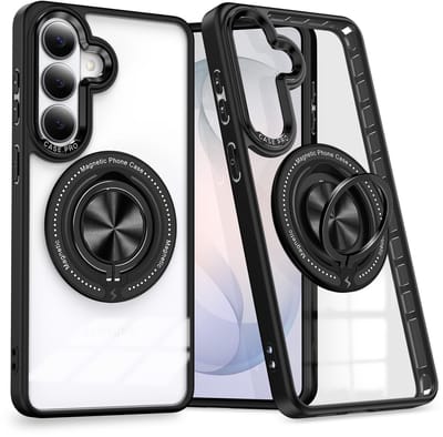 Magsafe Hoesje Geschikt voor Samsung Galaxy S26 Plus hoesje Transparant Zwart - Met kickstand Draaibare Ring Houder