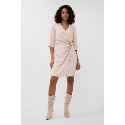 EsQualo Dress Overlap Knot S/slve Sand Maat: 34 | Midi Jurken Outlet | Dames | Beige