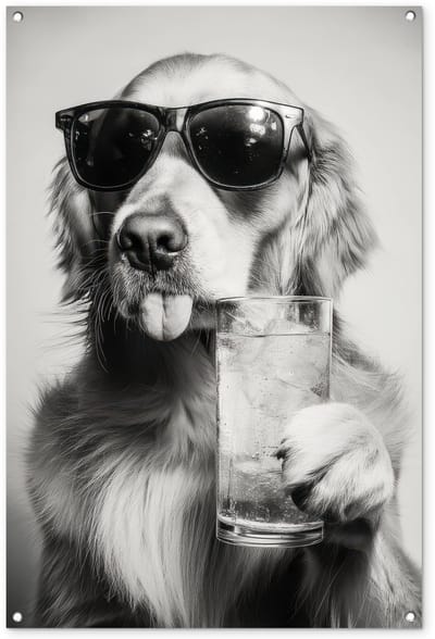 Tuinposter 80x120 cm - Tuindecoratie Golden retriever - Hond - Zonnebril - Gkas - Poster voor in de tuin - Buiten decoratie - Schutting tuinschilderij - Tuindoek muurdecoratie - Wanddecoratie balkondoek