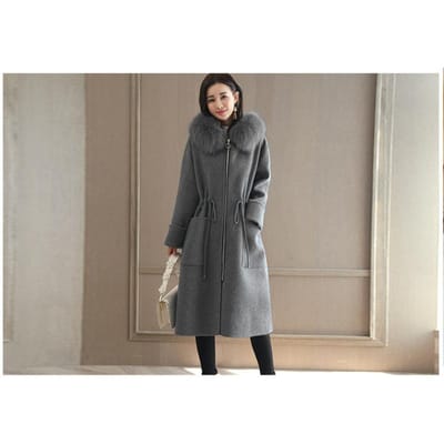 Damesjas van dikke wol voor herfst en winter, lange jas met bontkraag 3XL gray