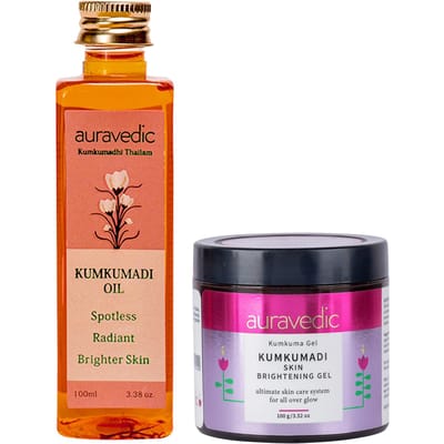 Auravedic Kumkumadi Verhelderende Gel En Kumkumadi Tailam Kumkumadi Gezichtsolie Voor Stralende Huid Kumkumadi Gel 100 Gram Met Kumkumadi Olie 100 ml Dag En N beige