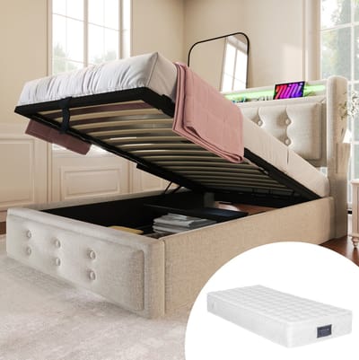 MEUNIQ eenpersoonsbed 90x200 met LED-hoofdbord, USB-C en stopcontacten, opklapbare opbergruimte, lattenbodem van hout en metalen frame, beige