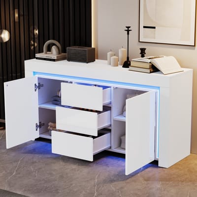 REDOM Sideboard 140×40×65 cm Hoogglans Wit – 2 deuren, 3 lades, Verstelbare planken, App-bediening LED, draagkracht 50 kg