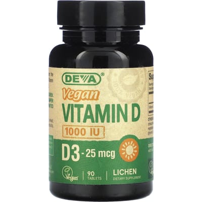 Deva, vitamine D3 végétalienne, 25 mcg (1 000 UI), 90 comprimés