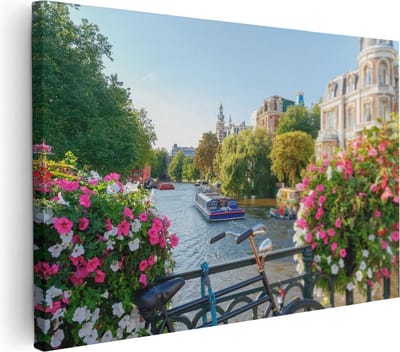 Artaza Canvas Schilderij Grachten Amsterdam - 30x20 cm - Klein - Muurdecoratie Bloemen - Wanddecoratie Fiets - Kamer Accessoires Woonkamer