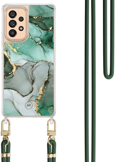 Hoesje met koord geschikt voor Samsung Galaxy A52 5G - Marble Design - Inclusief Groen koord - Crossbody beschermhoes - Transparant, Grijs, Groen - Mooie Telefoonhoesjes