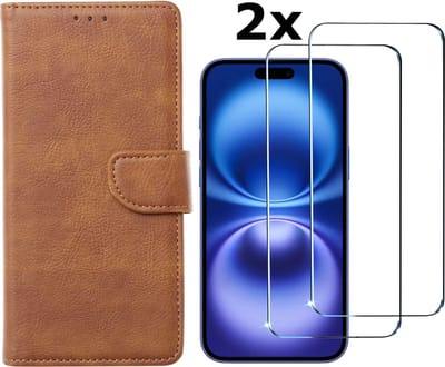 Hoesje Geschikt voor iPhone 16 hoesje bookcase met 2 stuks screenprotectors – Bruin