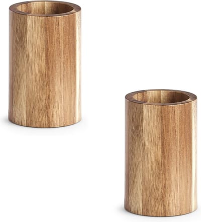 Badkamer beker/tandenborstel houder - 2x - naturel - acacia hout -11 cm - spoelbekertje