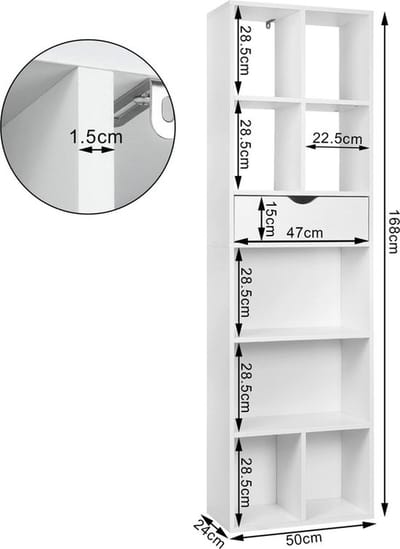 Bolt Edge Open Boekenkast - 9 Vakken - 1 Lade - Wit - Houten Boekenkast - 50 x 24 x 168cm