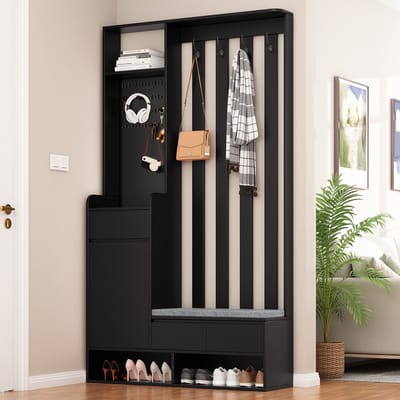DESMIU Kapstok Met Opbergbank En Schoenenkast - Multifunctioneel Met Pegboard En 4 Haken - Voor Hal En Entree - MDF - 100x35x180 Cm - Zwart