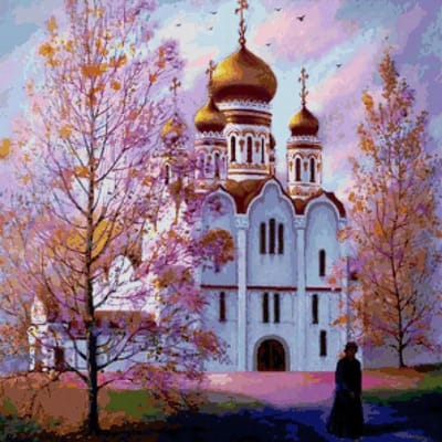 Diamant borduurwerk landschap religie gebouw schilderij orthodoxe christendom kerk muur decor 30x30CM gray