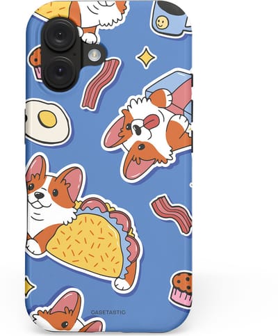 Casetastic hoesje geschikt voor Apple iPhone 16 - MagSafe - Dubbellaagse bescherming - Corgi en Snacks - Fashion Case - Lavendel Lichtgrijs Terracotta Taupe