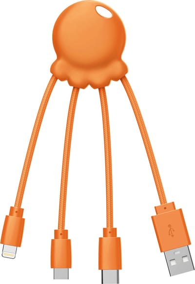 Xoopar - Octopus Recycled 3-in-1 Laadkabel – USB naar USB-C, Lightning en Micro-USB – Compacte Multilaadkabel – 0,1 m – Oranje