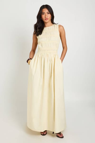 boohoo Dames Katoenen Poplin Gesmockte Maxi Jurk | Citroen | Maat: 38