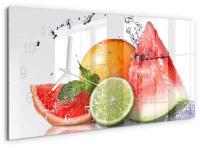 Tulup Wandklok - Sappig fruit Gekleurde Glazen Klok - 60x30 cm - Rood Glazen Klok Met Print - Witte Handen - Rechthoekige Wandklok - Glazen Wandklok Design - Klok Glas Met Opdruk