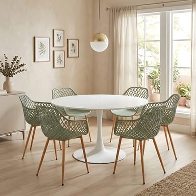 EGGREE eettafel en stoelen set - tafel met een diameter van 120 cm en 6 grijsachtig groen stoelen - geschikt voor bar - keukeneiland -café en eetkamer.