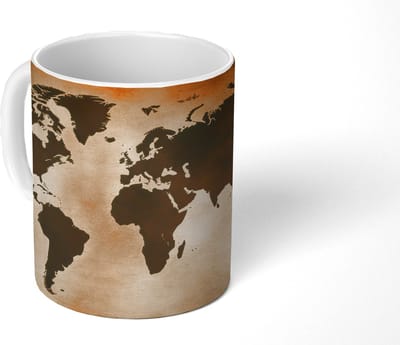 Mok - Koffiemok - Wereldkaart - Bruin - Kaart - Mokken - 350 ML - Beker - Koffiemokken - Theemok