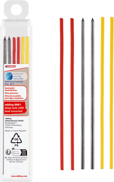 edding 8881 deep hole navullood assorti 6st set - geschikt voor edding 8880 deep hole markeerpotlood - grafiet + wax basis - voor ruwe en gladde oppervlaktes - in handige plastic verpakking - ideaal voor timmermannen, bouwvakkers en andere vaklieden