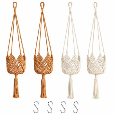 Gloovon® 4-delige Plantenhanger Set - Handgeknoopt Macramé - Voor Binnen & Buiten - Inclusief RVS S-haken - Boho Decoratie - Bloempot Houder - Planten Hanger - 100% Katoen