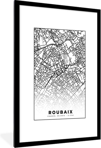 Fotolijst incl. Poster Zwart Wit- Kaart - Roubaix - Stadskaart - Frankrijk - Plattegrond - Zwart wit - 80x120 cm - Posterlijst