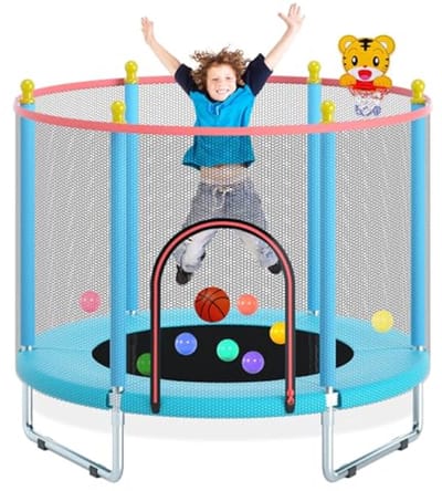 Kindertrampoline 150cm voor Binnen en Buiten met Veiliger Net, Basketbalring en Verstelbaar Springdoek – Tot 200kg Belastbaar