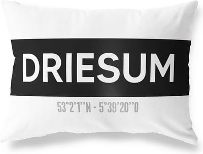 Tuinkussen DRIESUM - FRIESLAND met coördinaten - Buitenkussen - Bootkussen - Weerbestendig - Jouw Plaats - Studio216 - Modern - Zwart-Wit - 50x30cm