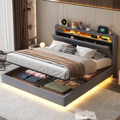 SINGULARITY-Gestoffeerd bed 160x200 cm- hydraulisch zwevend bedframe met opbergruimte- omkeerbaar hoofdeinde- linnengrijs- zonder matras