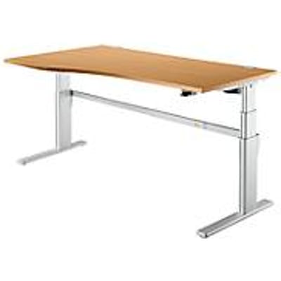 Comfortabel bureau, elektrisch in hoogte verstelbaar, vrije vorm, aanbouw links, C-voet, B 1800 x D 1000/800 x H 655-1305 mm, beuken/blank aluminium