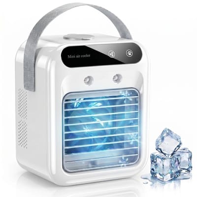 Draagbare luchtkoeler - mini-airconditioner met 1800mAh-batterij en handvat - 500ml-watertank - 3-in-1 verdampingskoeler en luchtbevochtiger - stille luchtkoeler voor slaapkamer - kantoor en camping - wit