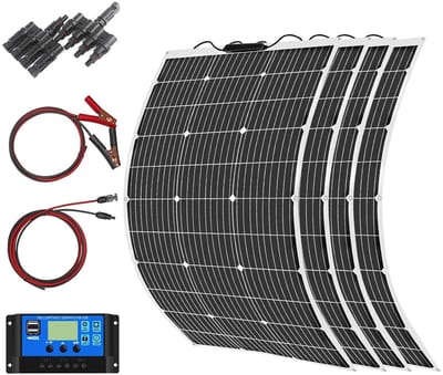400W 12V Flexibel Zonnepaneel Kit, 4 stuks 100W, 40A Laadregelaar met 4 in 1 Adapterset, Verlengkabel en Krokodillenklemkabel voor Camper, Auto, Boot,Caravan, Batterij