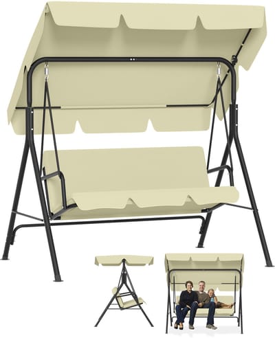 Froadp Beige Hollywood Hangmat 3-zits met verstelbaar zonnedak Tuinhangmat tot 200 kg Weerbestendige Hangmatbank met comfortkussens & Anti-slip poten Voor Tuin, Balkon 175,5x110x152cm