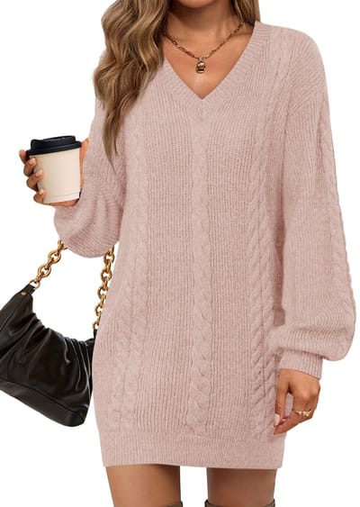 Dailygoods- Mini-jurk V-hals - Gebreide Trui-jurk - Oversized - Lange Lantaarnmouwen - Losse Pasvorm - Zachte Vlechtpatroon