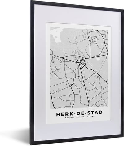 Fotolijst incl. Poster Zwart Wit- Stadskaart – Plattegrond – België – Zwart Wit – Herk de Stad – Kaart - 30x40 cm - Posterlijst
