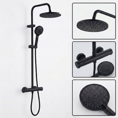 Livista Regendouche Set – Met Thermostaatkraan – Regendouche & Handdouche – 38°C Messing Thermostaatkraan – Verstelbare Douchekolom 65-105cm – Douchekolom Wandmontage – Zwart