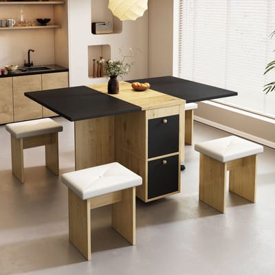 STILVORA Eettafelset - Uitschuifbare En Klapbare Eettafel Met 4 Stoelen - Multifunctioneel Voor Eten En Werk - Spaanplaat - 120x80x75cm - Wit+Lichtbruin+Zwart
