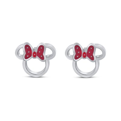 Disney 4-DIS047 Minnie Mouse Oorbellen - Minnie Oorknopjes - Disney Sieraden - 7,2x7,7mm - Rood Emaille Strikje - Staal - Hypoallergeen - Zilverkleurig